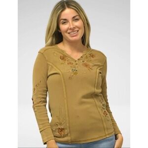 #2124 Caite NWT Vee Embroidered Thermal Long Sleeve Top Size Small Dijon